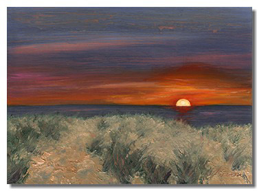 Luminous painting. Luminous landscape. Luminous oil on copper painting by Liron Sissman. Sunrise painting. Sunset painting. Sunrise over ocean. Art for sale. Giclee