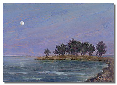 Luminous landscape painting. Oil on copper painting. Healing art. Hospital art. Healthcare art. Liron Sissman. Moonlight painting. Cove Island. Art for sale. Giclee