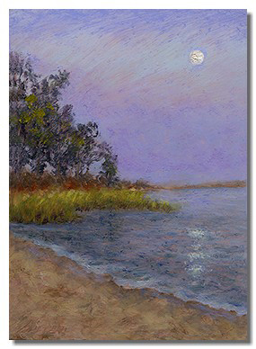 Luminous painting. Luminous landscape. Luminous oil on copper painting. Healing art. Hospital art. Healthcare art. Liron Sissman. Moonlight painting. Art for sale. Giclee