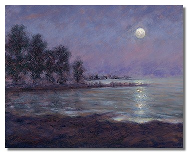 Luminou painting. Luminous landscape. Oil on copper painting. Healing art. Hosptial art. Healthcare Art. Moonlight painting. Art for sale.