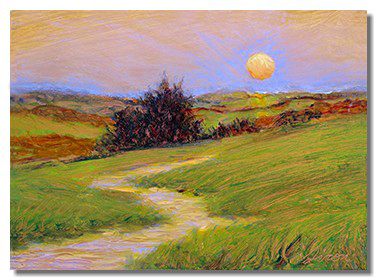 Luminous painting. Luminous landscape. Hospital art. Healthcare art. Sunset painting. Oil on copper painting. Liron Sissman. Art for sale.