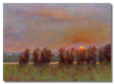 Luminous landscape. Luminous painting. Oil on copper paintings. Healing art. Hospital art. Healthcare art. Sunset landscape. Sunset painting. Liron Sissman. Sun reflections. Water. Art for sale. Giclee