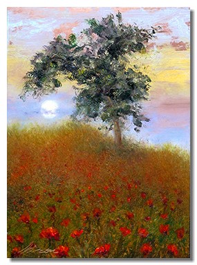 Luminous painting. Luminous landscape. Luminous oil on copper painting. Poppies painting. Moonlit painting. Liron Sissman. Art for sale. Giclee