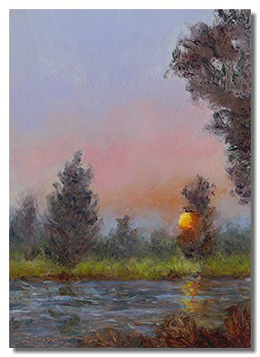 Luminous landscape. Luminous painting. Oil on copper painting. Healing art. Hospital art. Healthcare art. Sunset landscape. Liron Sissman. Sun reflections. Water. Art for sale. Giclee