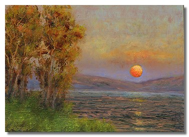 Luminous painting. Luminous landscape. Luminous oil painting on copper by Liron Sissman. Sunset painting, water, trees, Fall landscape. water. Fall colors. Art for sale. Giclee