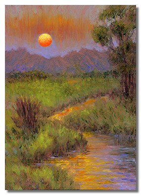 Luminous painting. Luminous landscape. Luminous oil on copper painting. Sunset painting. Liron Sissman. Art for sale. Giclee