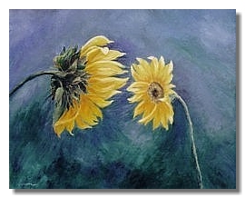 Sunflower oil painting, Liron Sissman, Blue, yellow, Conversation, metaph