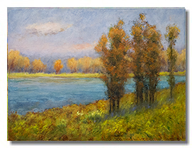 Fall painting, fall colors, trees, water, healing art, art for hospitals, liron sissman