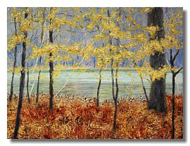 Healing art, nature art for healthcare, art for hospitals, landscape painting, water, trees, fall fo