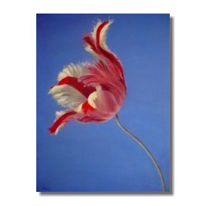 Tulip flower painting, Liron Sissman, Joy, blue, yellow, red, metaphorical nature