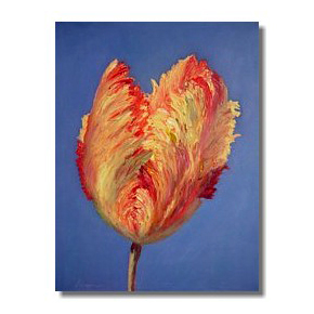 French Tulip, Flower oil painting, Liron Sissman, blue, yellow, red, rebirth, metaphorical